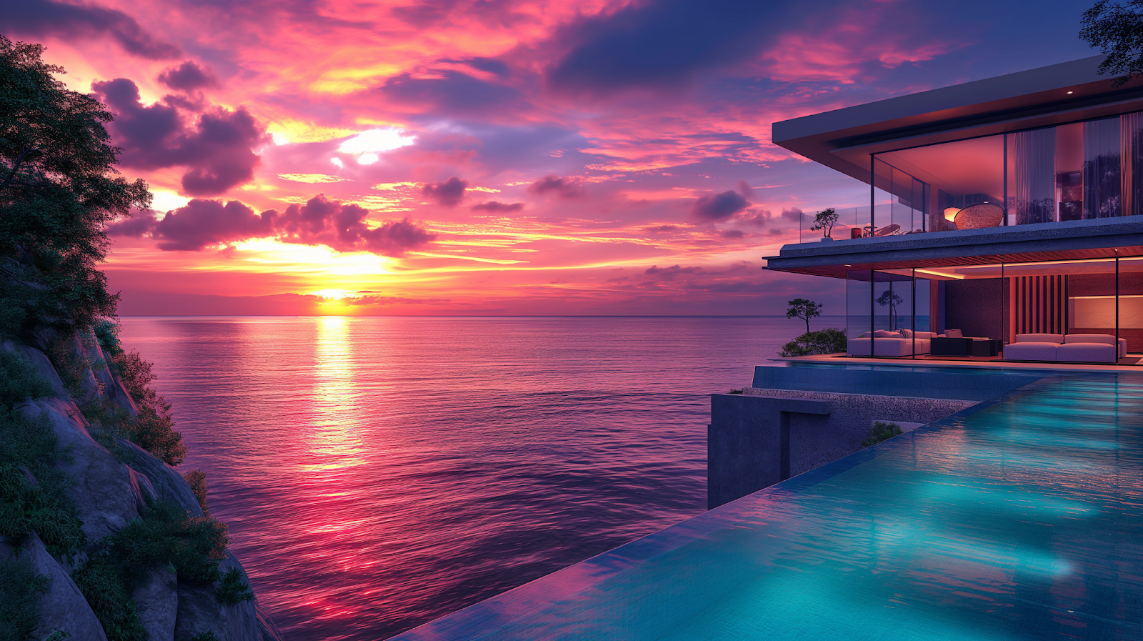Luxurious beachfront villa with infinity pool at sunset in Mexico