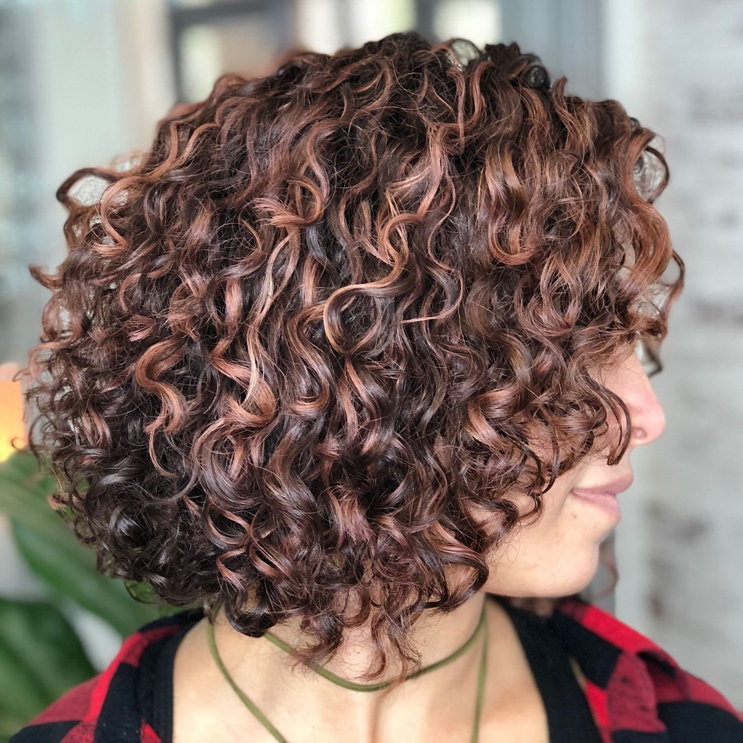 Rose Gold Highlights with Brown Curly Bob
