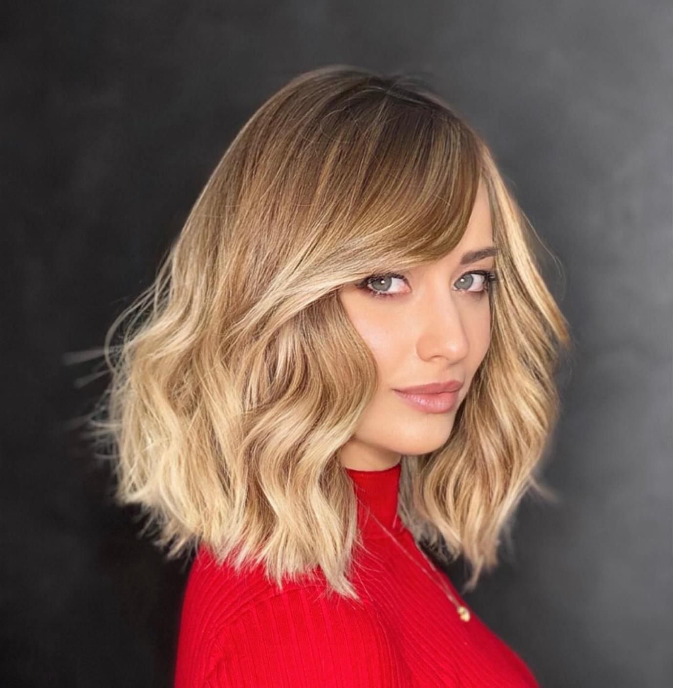 Brown Style with Bangs and Caramel Highlights Shoulder Length Hairstyles
