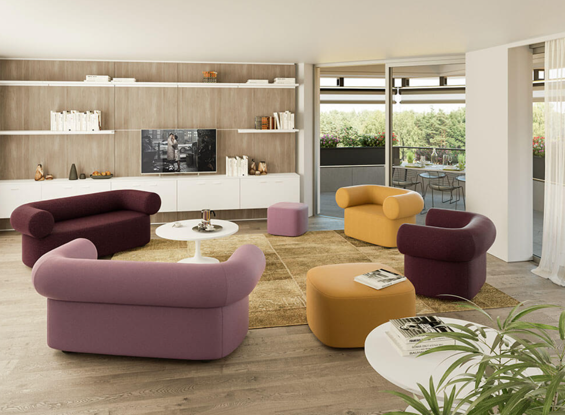 Two sets of one and two-seater sofas with pouffes.