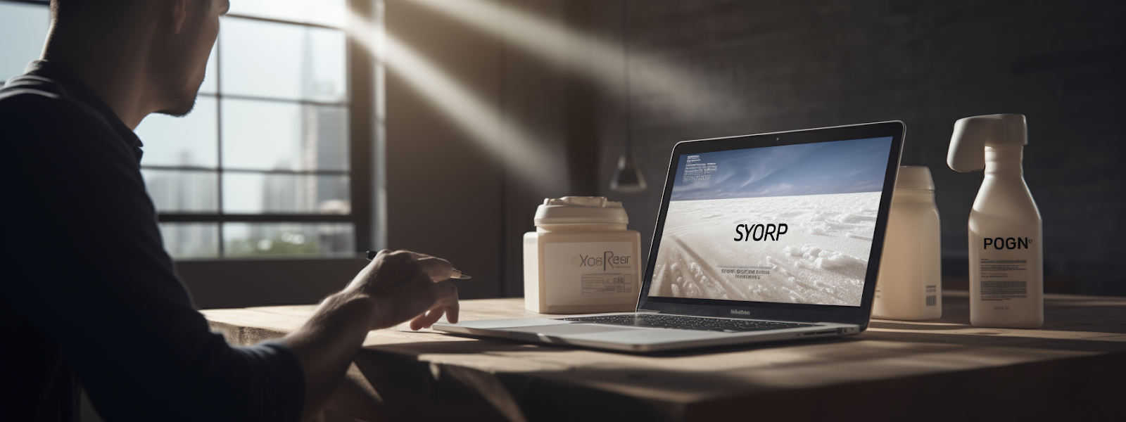 a person working on a laptop, surrounded by spray foam insulation materials, with a website design and social media icons displayed on the screen.