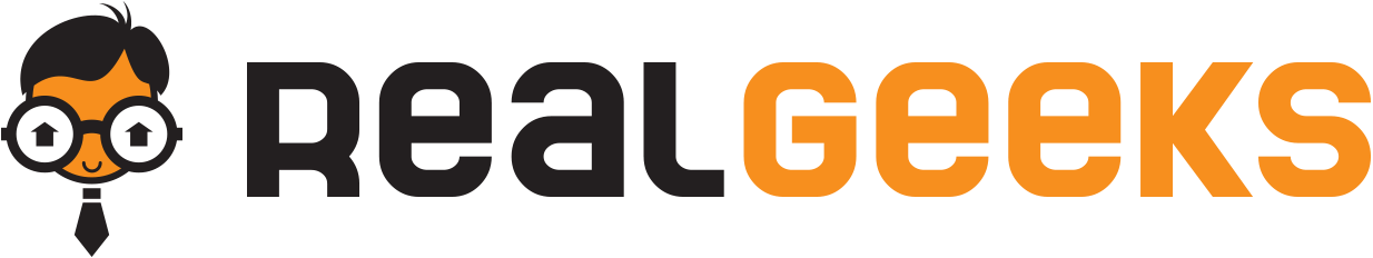software name real geeks and logo looking like a person with large eyeglasses that have arrows pointing up within the frame
