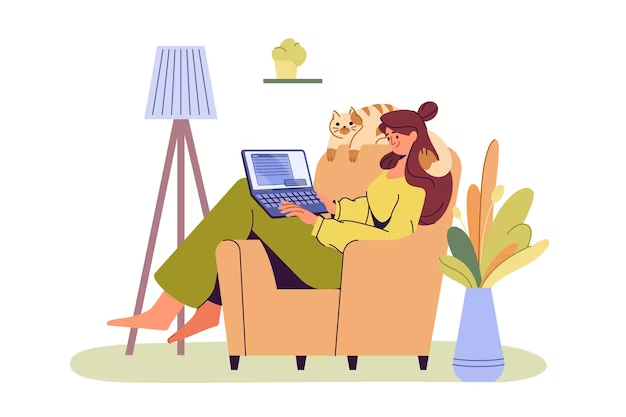 Cartoon of A Girl Reading Something on Her Laptop With Her Cat