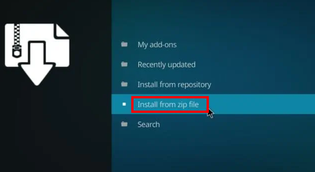 Kodi menu with an illustration of a zip file on a black background