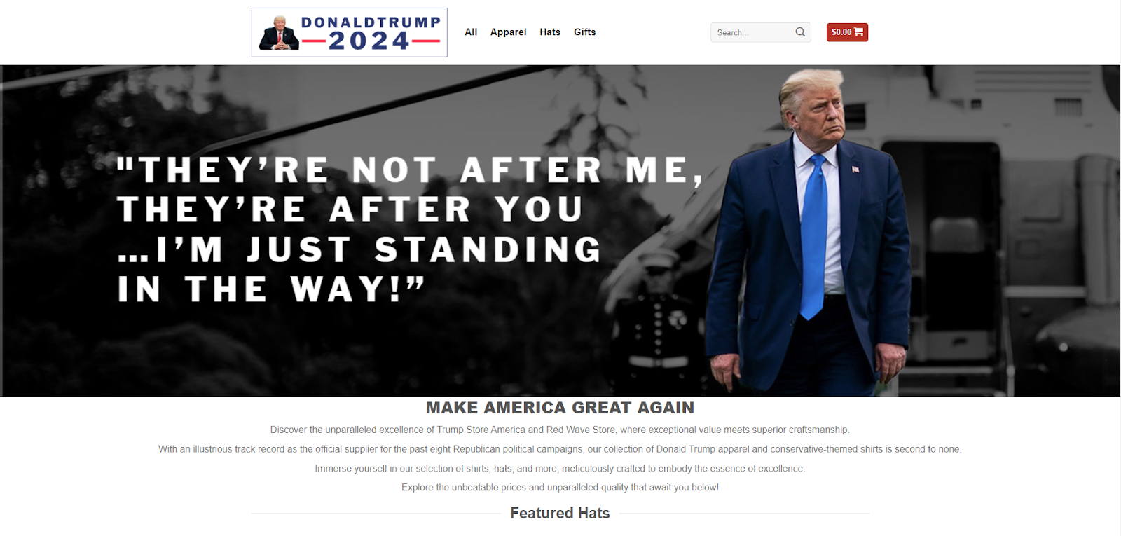 Fake Trump website with a photo of him and text reading 