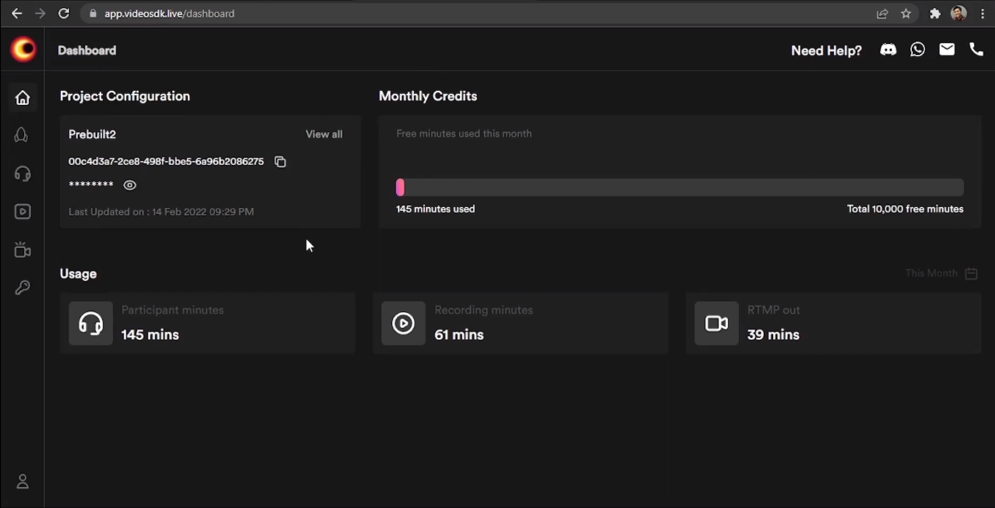 Video SDK's dashboard showing project configuration, monthly credits and usage
