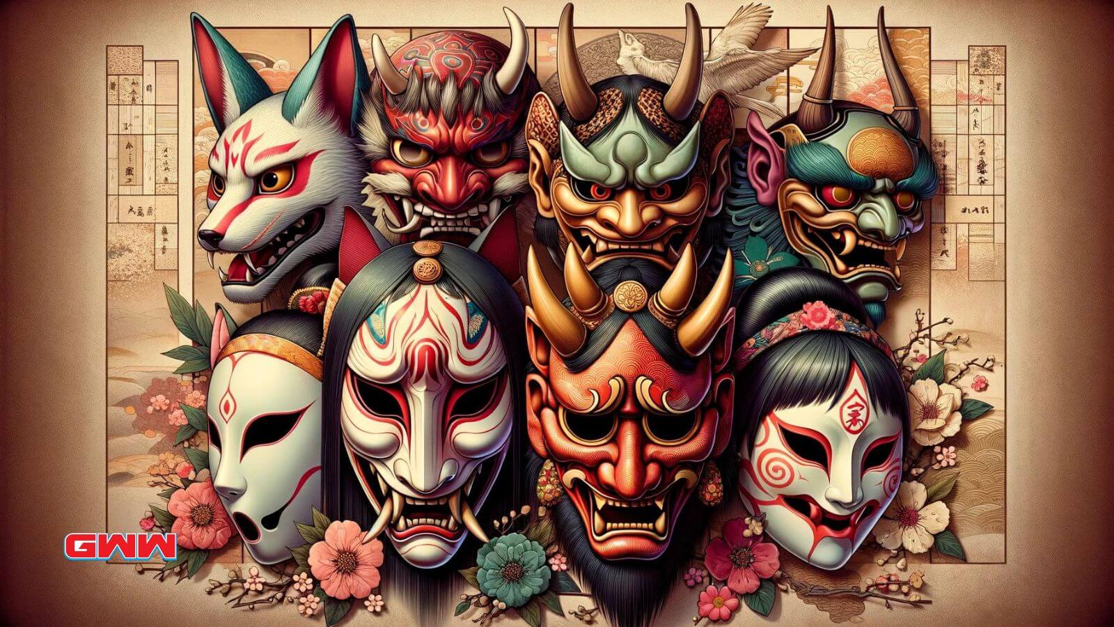 A detailed, high-resolution image showcasing a variety of traditional Japanese anime masks.