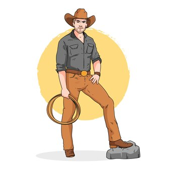 Graphic of A Cowboy Standing in Style With Rope in Hand