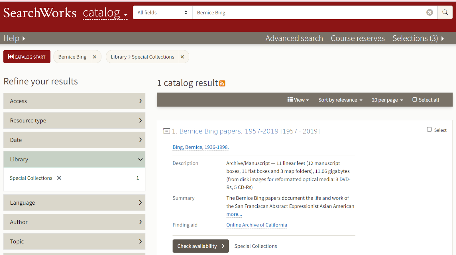 Searchworks catalog results page for search term "Bernice Bing".