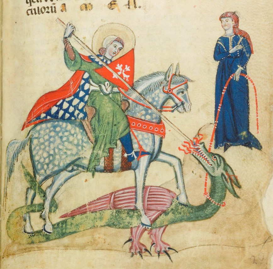 A Medieval picture of a person on a horse killing a green dragon with a spear. In the background of a picture, a person in a blue dress holds a leash connected to a collar on the dragon's neck.  
