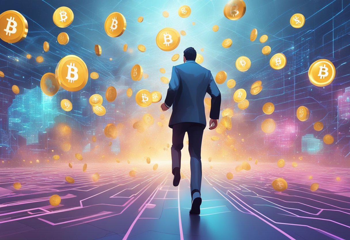 A figure strides through a digital landscape, surrounded by floating cryptocurrency symbols and charts. The scene is filled with a sense of urgency and determination