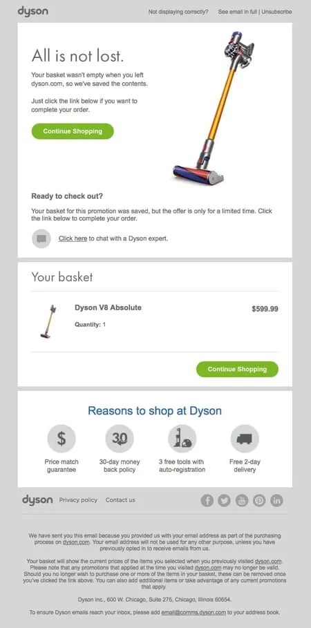 Dyson WooCommerce abandoned cart email