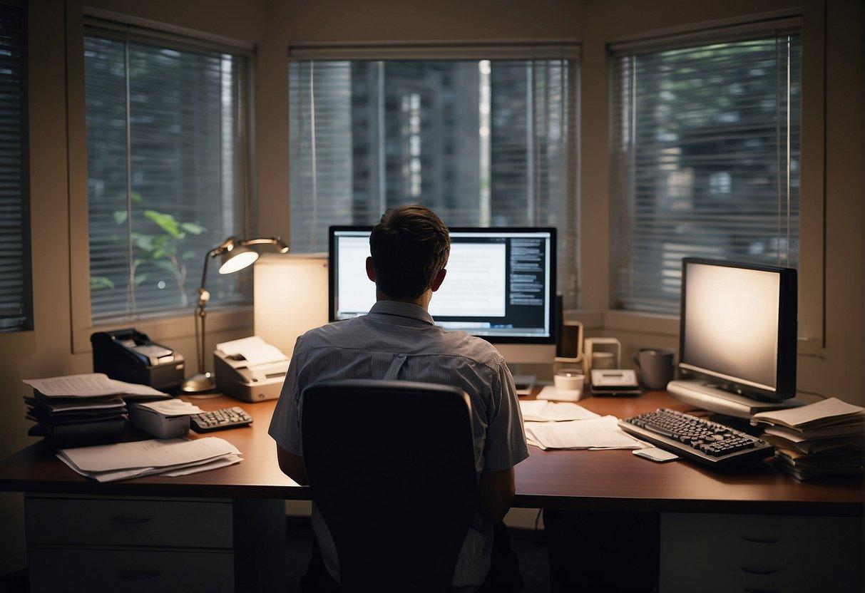 A person sitting at a desk, typing on a computer, surrounded by legal documents and a printer, preparing digital divorce documentation