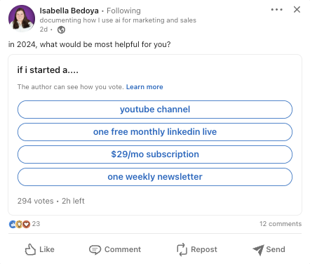 A screenshot of a social media poll by Isabella Bedoya asking her followers what would be most helpful for them in 2024. Options include starting a YouTube channel, one free monthly LinkedIn live, a $29/month subscription, or one weekly newsletter, with the poll showing 294 votes and 2 hours left.