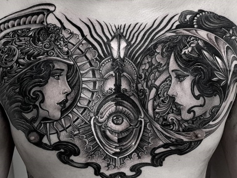 Back view of an aesthetic tattoo with two head
