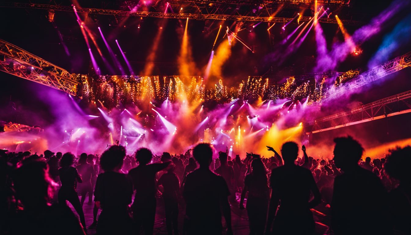 Festival-goers dancing against vibrant stage lights in a bustling atmosphere.