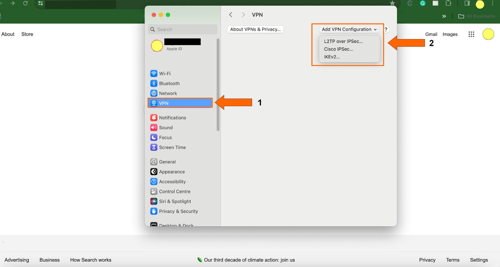 macOS System Settings with VPN highlighted and Add VPN Configuration.