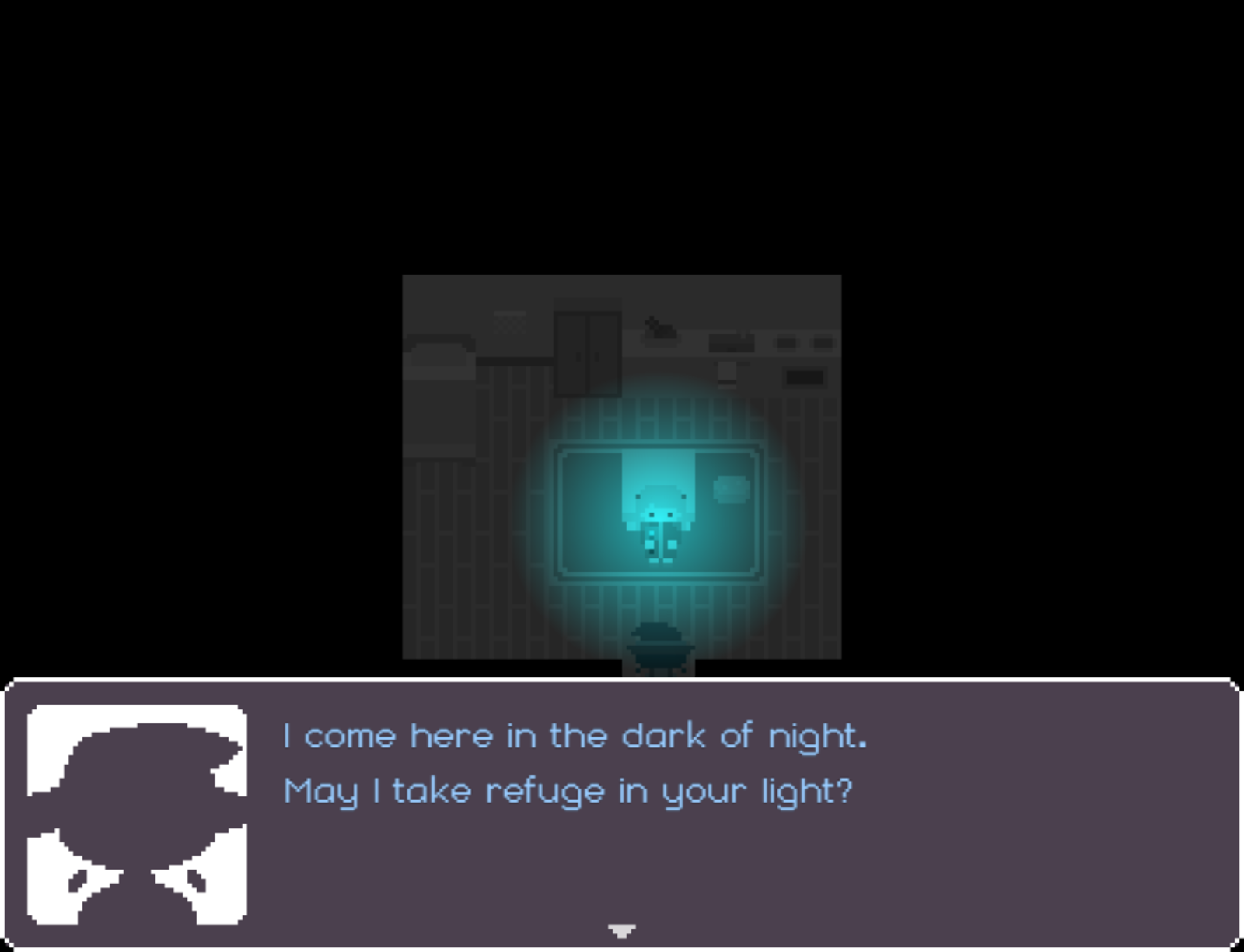 Lilac and Her Light screenshot with a dark mysterious image and a glowing blue light.  From the Yuri Itch.io Game tag.