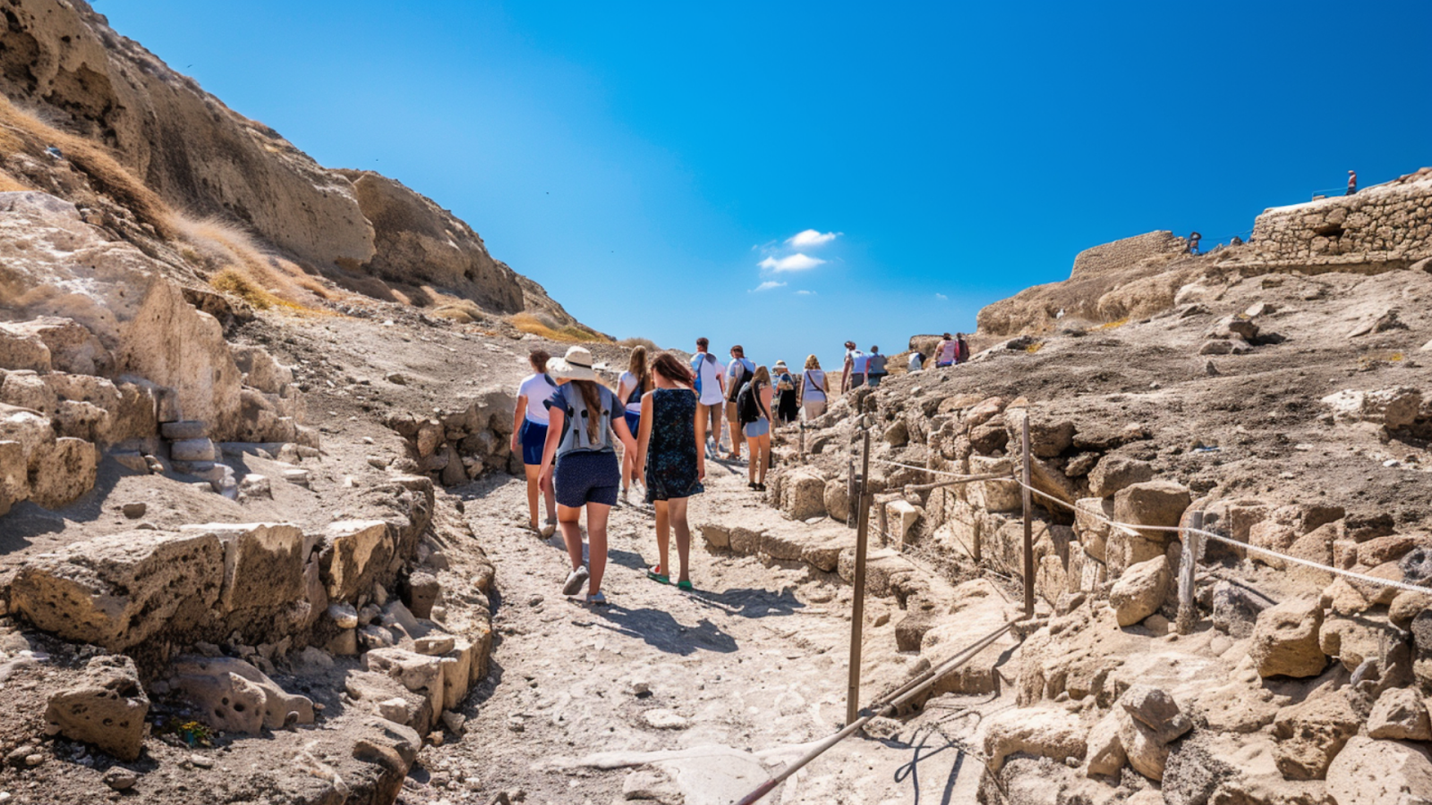 People exploring the Akrotiri Archaeological Site, a must-see attraction in Santorini