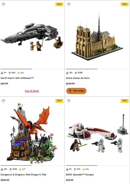LEGO products available for LEGO affiliates to promote, such as Darth Maul's Sith Infiltrator, Notre-Dame de Paris, Dungeons & Dragons, and BARC Speeder Escape. 