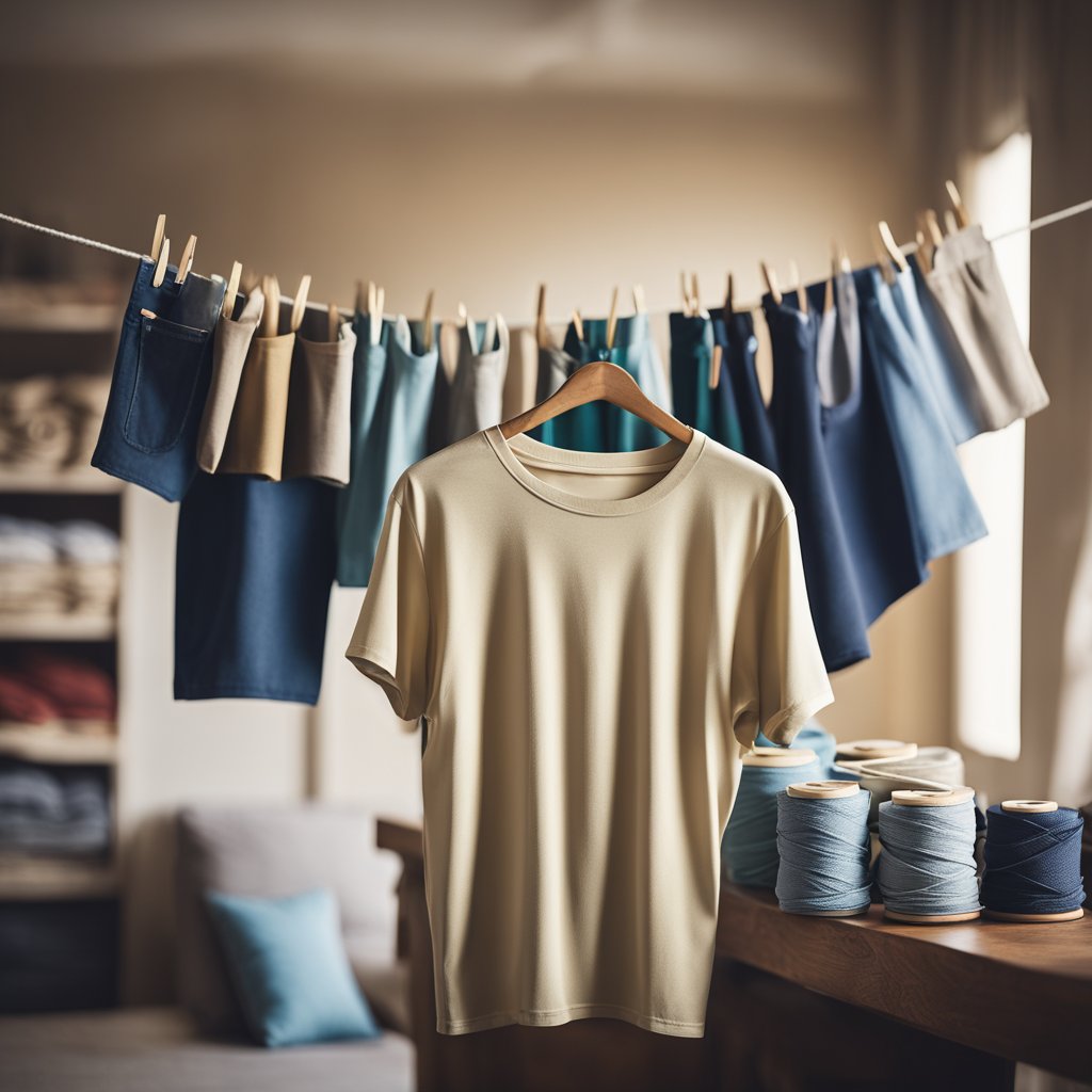 A drop shoulder t-shirt hanging on a clothesline, surrounded by vintage sewing tools and fabric swatches