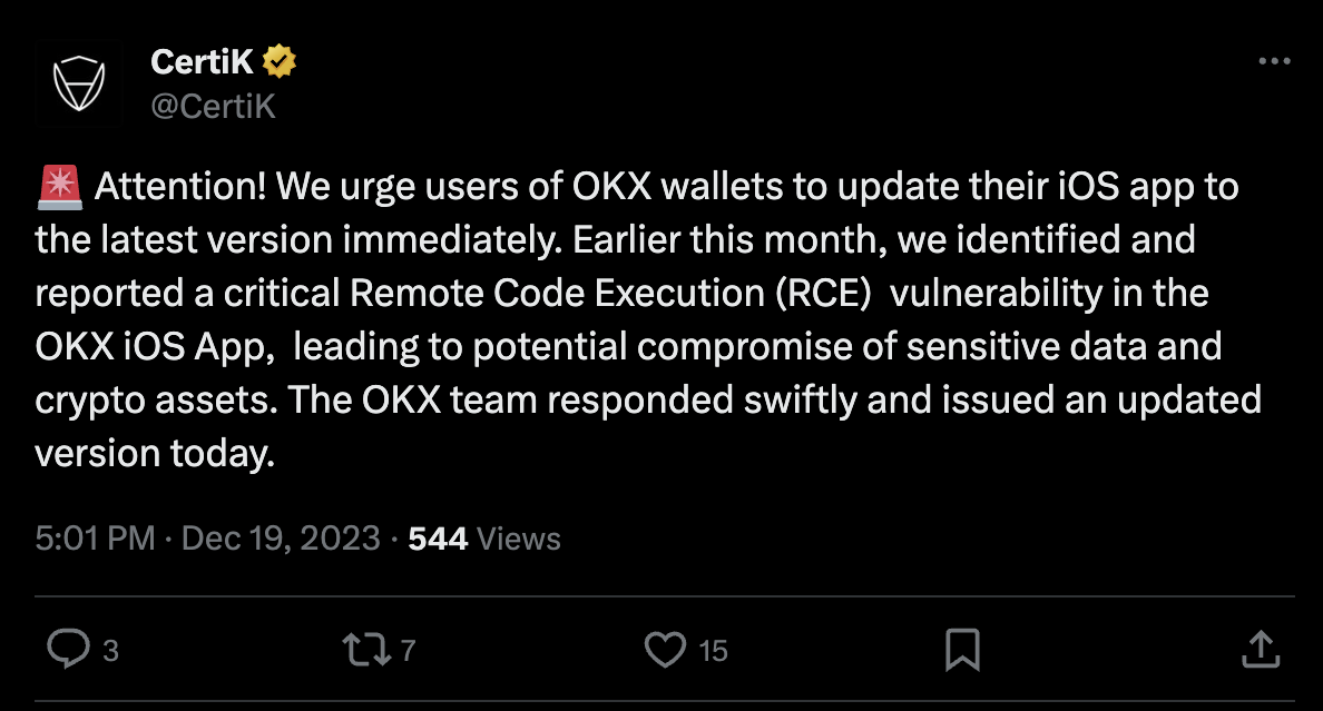 Certik Announces Critical Security Vulnerability In Okx Ios App