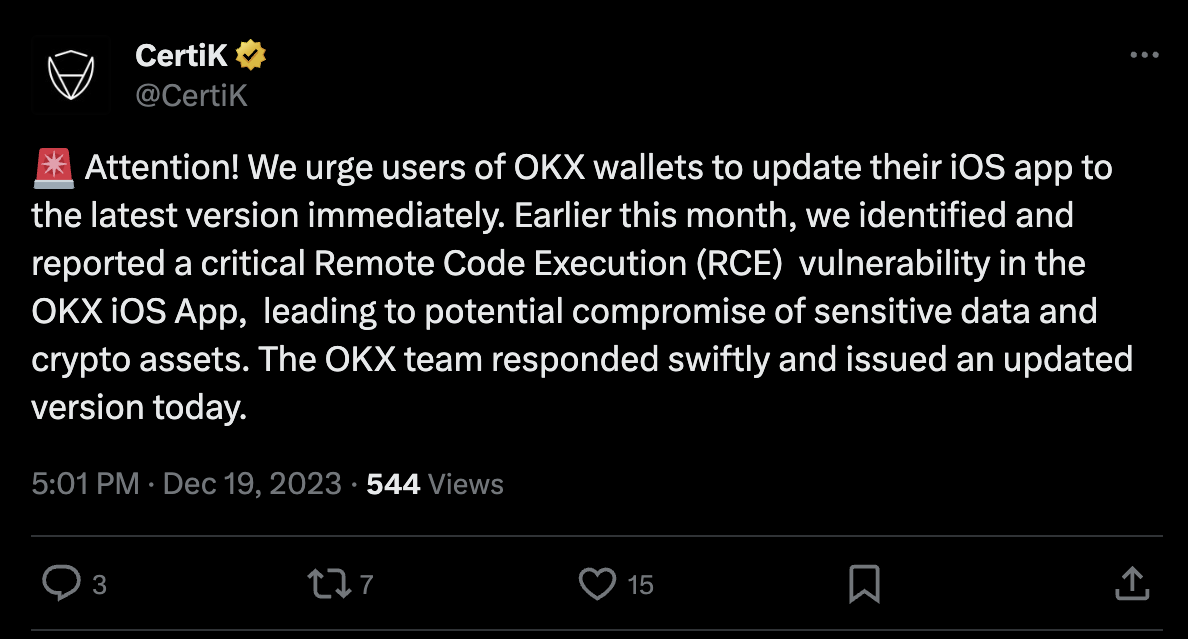 CertiK Announces Critical Security Vulnerability in OKX iOS App