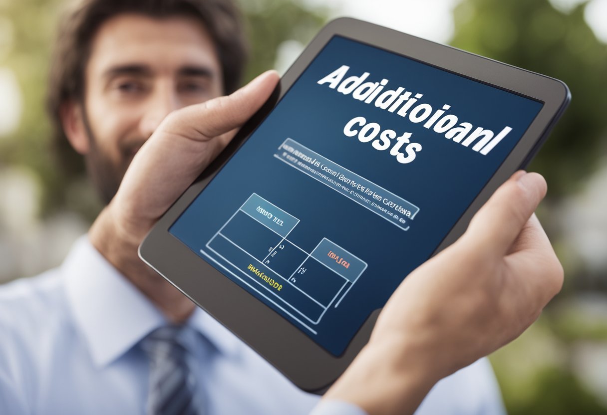 A realtor holding a scale with "additional costs" on one side and "direct buyers" on the other, with various factors like commissions, repairs, and closing costs weighing down the realtor's side
