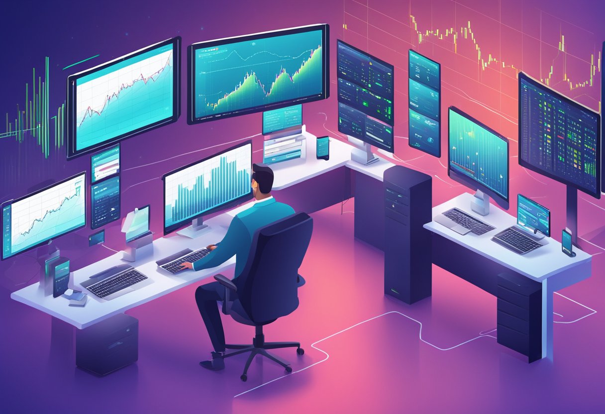 A sleek, modern trading platform with dynamic charts and real-time data feeds. Multiple screens display various financial instruments and indicators. Bright, vibrant colors and sharp, clean lines create a professional and efficient atmosphere