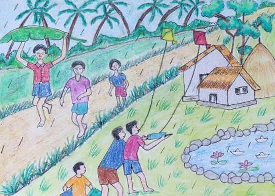 Village Children Painting by Ved Amrut T A