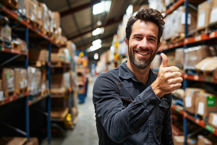 Warehouse manager smiling man shows thumbs up