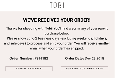 Ví dụ xác nhận email từ Tobi