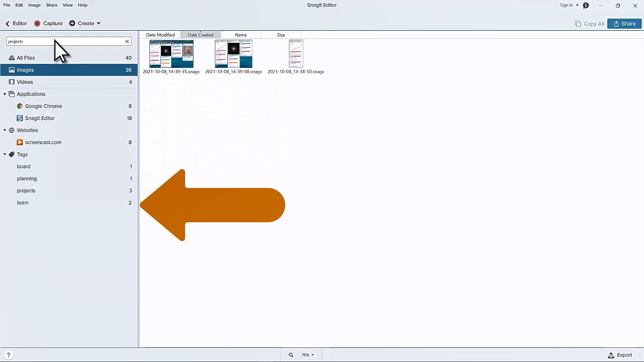 Image of tagged contents in Snagit to keep information organized. 