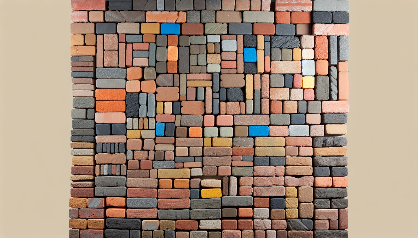 Close-up of a variety of colorful bricks arranged in a mosaic pattern, highlighting the diverse options and aesthetic versatility available in brick materials.