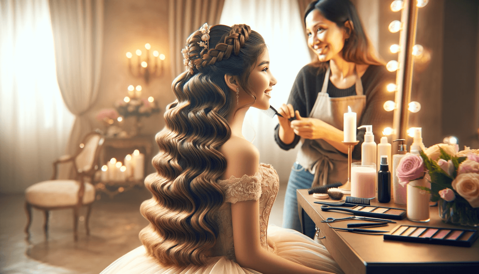 Quinceanera hairstyle: A young woman sitting in front of a mirror getting her hair done