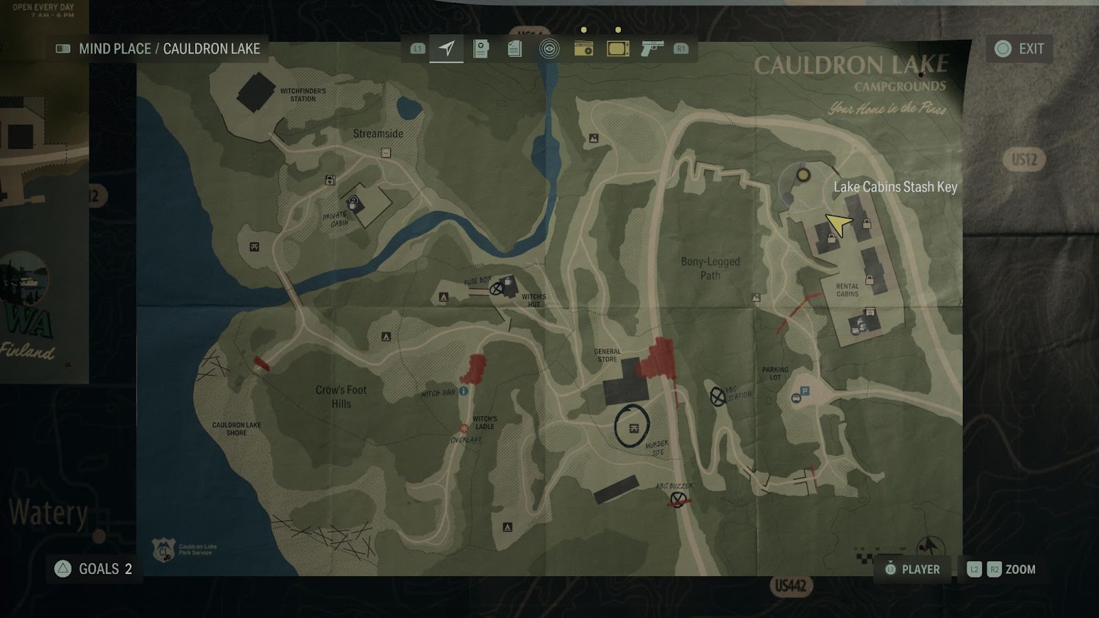 An in game screenshot of the cult stash key on the Cauldron Lake map from Alan Wake 2