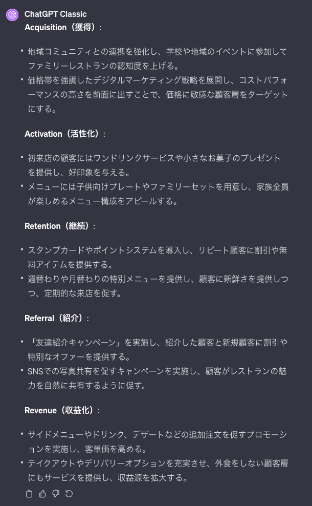 客単価1000円のファミリーレストランのAARRRモデルをChatGPTに考えてもらいました