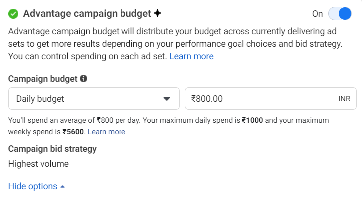  Screenshot showing Facebook Ads campaign budget settings, including daily budget amount, bid strategy, and the advantage campaign budget option to optimize ad delivery.