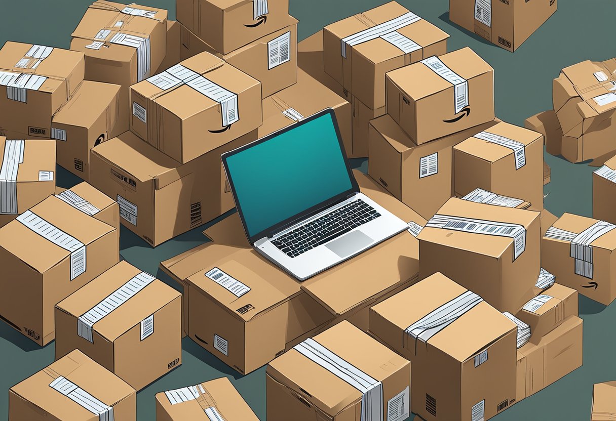 Is Amazon FBA Worth It? an AI generated image of a laptop and many sealed carton boxes.