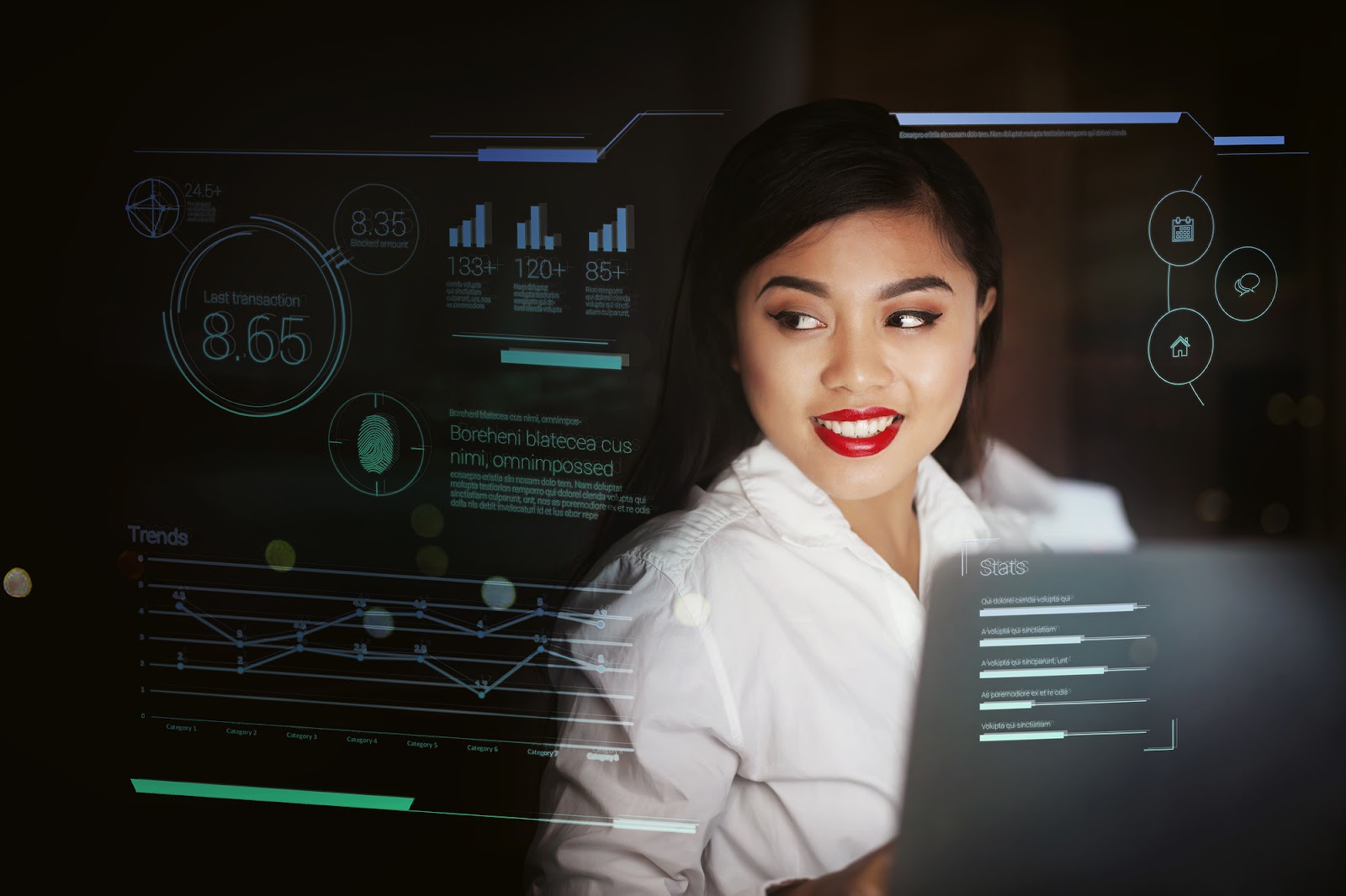 the working banking women with laptop and  seeing the banking  trends in screen 