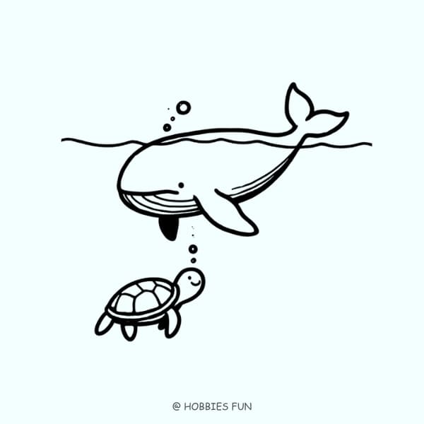Cute Whale with Sea Turtle Drawing