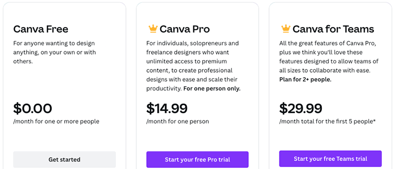Canva pricing options. 