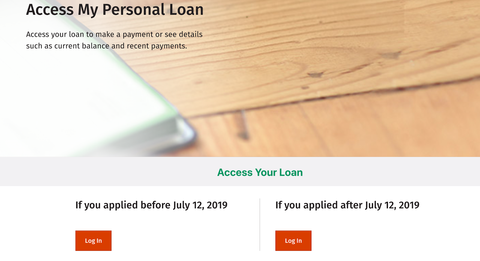 A screenshot of the personal loan access page