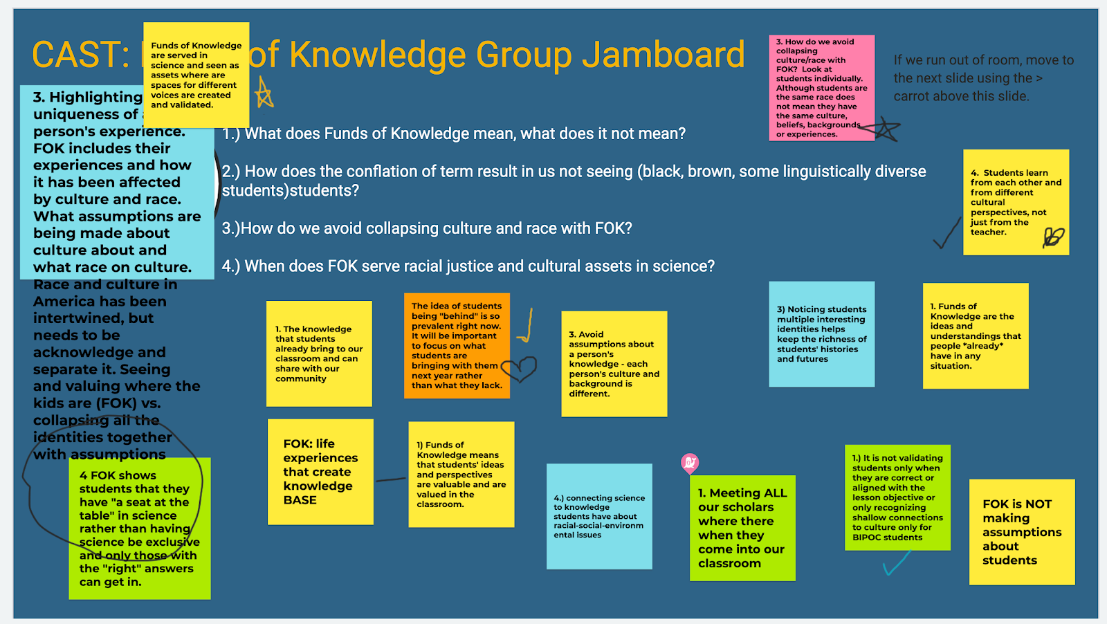 the teachers asked questions about their own assumptions about students’ capabilities. In the jam board activity, they questioned the language often used to describe students as “behind.” In this example of the funds of knowledge group Jamboard, four questions are asked and responses are shown on sticky notes. The four questions asked are: 1. What does Funds of Knowledge mean, what does it not mean? 2. How does the conflation of term result in us not seeing (black, brown, some linguistically diverse students) students? 3. How do we avoid collapsing culture and race with FOK? 4. When does FOK serve racial justice and cultural assets in science? 