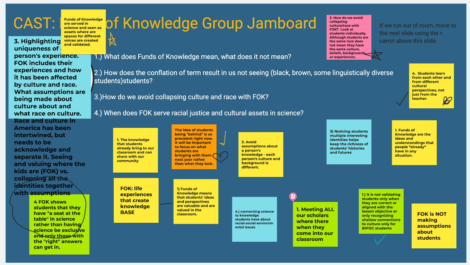 the teachers asked questions about their own assumptions about students’ capabilities. In the jam board activity, they questioned the language often used to describe students as “behind.” In this example of the funds of knowledge group Jamboard, four questions are asked and responses are shown on sticky notes. The four questions asked are: 1. What does Funds of Knowledge mean, what does it not mean? 2. How does the conflation of term result in us not seeing (black, brown, some linguistically diverse students) students? 3. How do we avoid collapsing culture and race with FOK? 4. When does FOK serve racial justice and cultural assets in science?