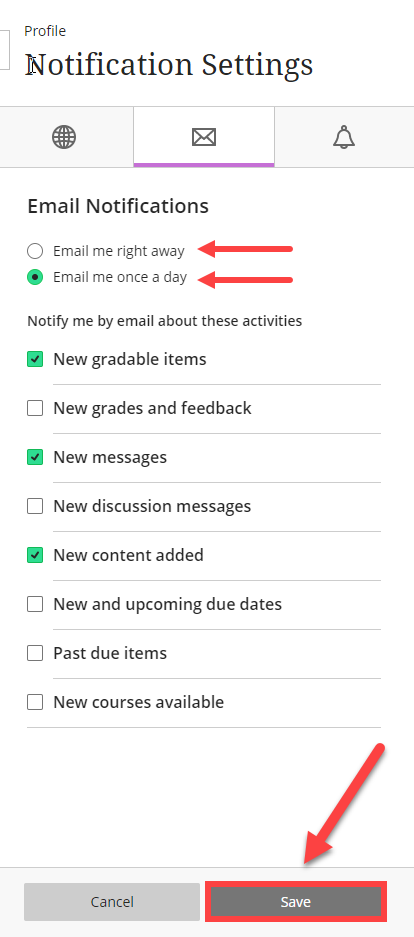 Two red arrows point to the frequency options for receiving email notifications. A red rectangle and red arrow show the save button at the bottom right of the screenshot. 