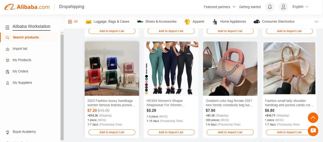 Alibaba dropshipping: search for products