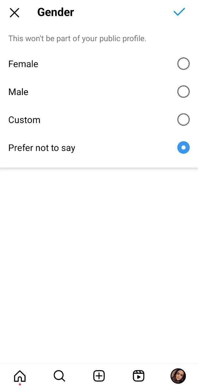 Gender options on Instagram