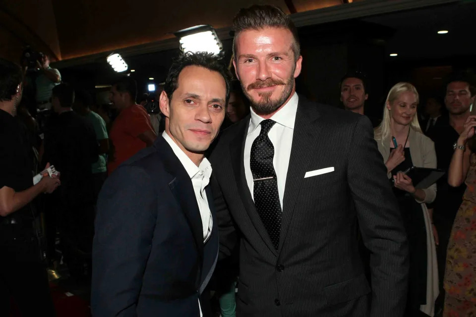 <p>Mark Davis/Getty for Sports Spectacular</p> David Beckham and Marc Anthony at the 27th Anniversary Sports Spectacular in 2012