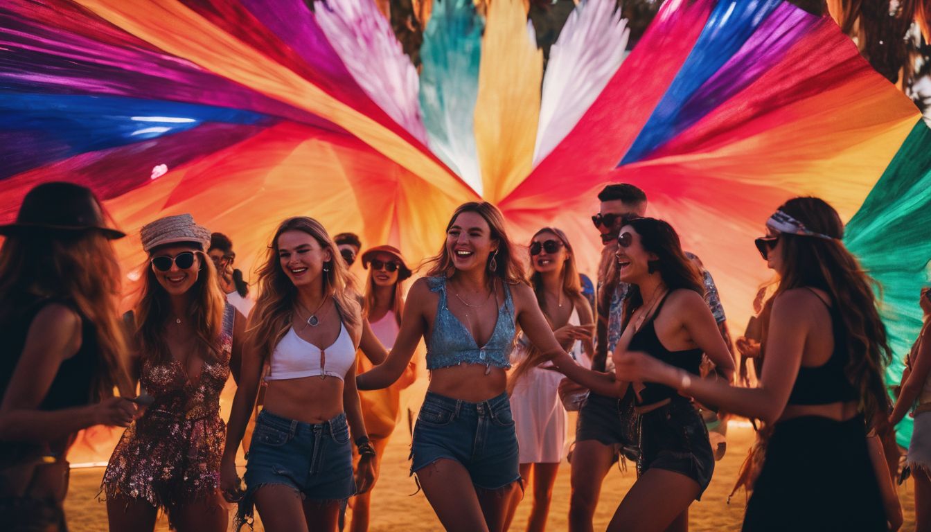 A group of friends dancing in front of a colorful art installation at Coachella.